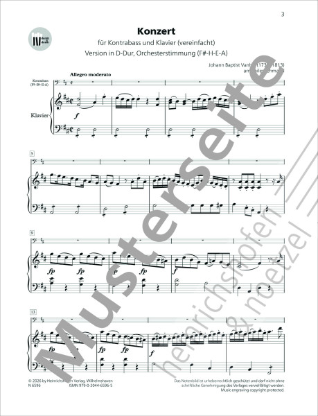 Konzert | D-Dur für Kontrabass und Klavier | Johann Baptist Vanhal | Heinrichshofen Verlag
