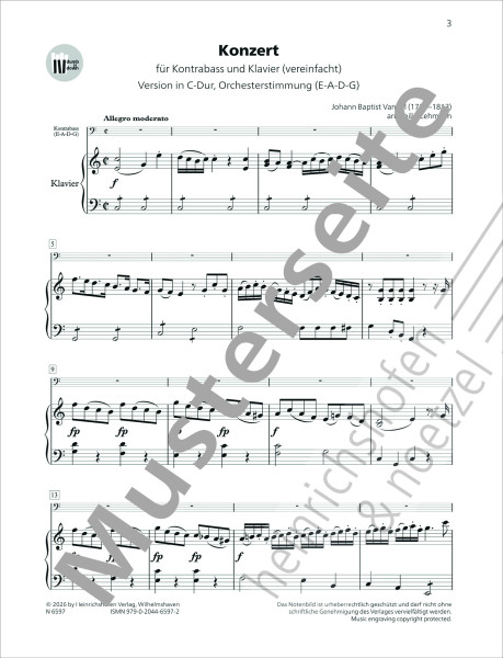 Konzert | C-Dur für Kontrabass und Klavier | Johann Baptist Vanhal | Heinrichshofen Verlag
